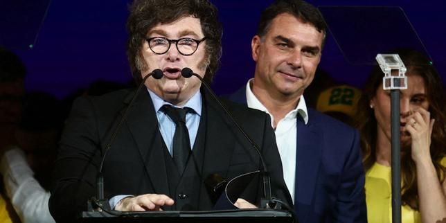 Argentine President Javier Milei speaks next to Brazilian Senator Flavio Bolsonaro during the Liberal Party convention in São Paulo on July 25, 2026. - Reuters