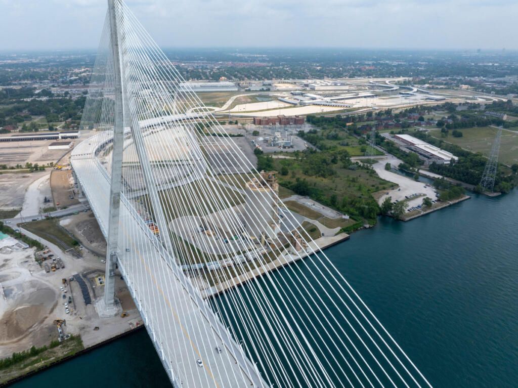 Cars cross the Gordie Howe Bridge on Monday in Detroit. - Andy Morrison/The Detroit News