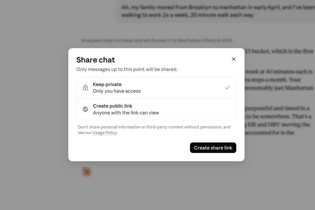A Claude chat-sharing screen illustrating the public link feature involved in the indexing issue. - pcworld.com