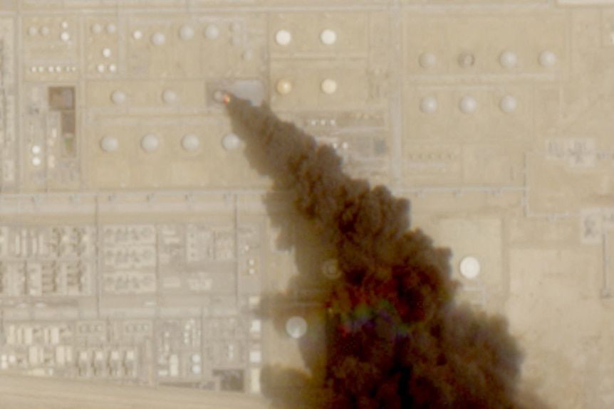 A satellite image shows a trail of smoke rising from an oil facility in Jizan, Saudi Arabia. - Reuters/European Union/Copernicus Sentinel 2