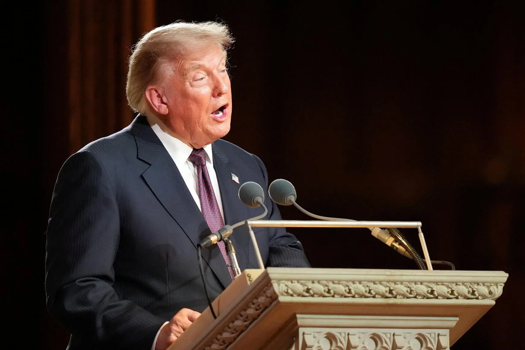 President Donald Trump speaks at the funeral of Sen. Lindsey Graham at Washington National Cathedral on July 28, 2026. - Alex Brandon/Pool via Reuters