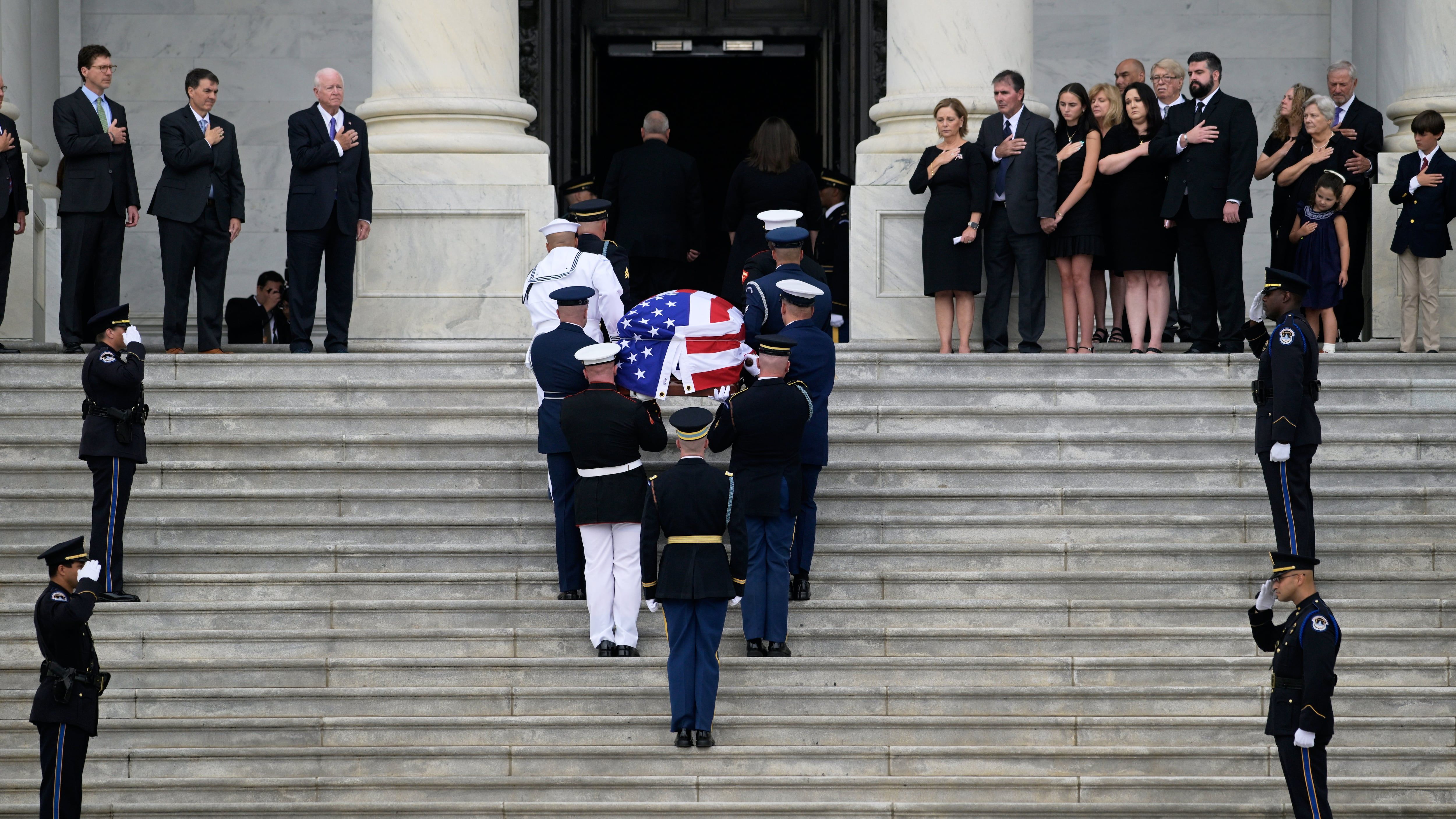 The flag-draped casket of Sen. Lindsey Graham arrives at the U.S. Capitol in Washington on July 28, 2026. - AP Photo/Rod Lamkey Jr.