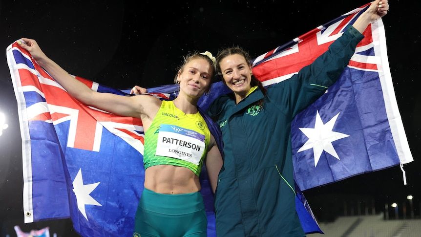 Eleanor Patterson and Nicola Olyslagers after Australia’s 1-2 in the women’s high jump in Glasgow. - Getty Images/Michael Steele via ABC