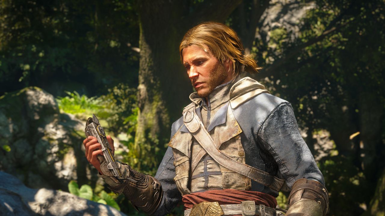 Black Flag Resynced: Edward, wearing Duncan Walpole's robes, looking at a hidden blade in his hand. - PC Gamer / Ubisoft