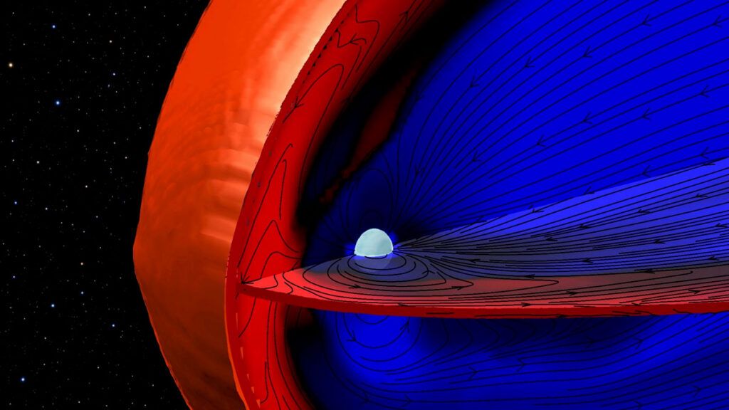 Illustration of the Uranian magnetosphere at equinox, with the outer bow shock surface interacting with the solar wind. - Xin Cao