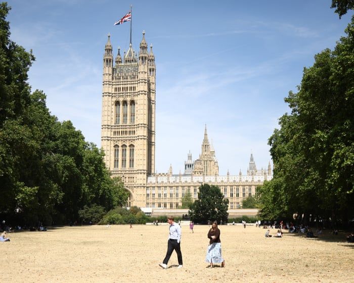 Parched grass near the Houses of Parliament in London on Aug. 3, 2026. - Toby Shepheard/AFP/Getty Images