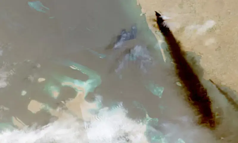 A composite satellite image shows a trail of smoke rising from an oil facility in Jazan, Saudi Arabia. - Reuters