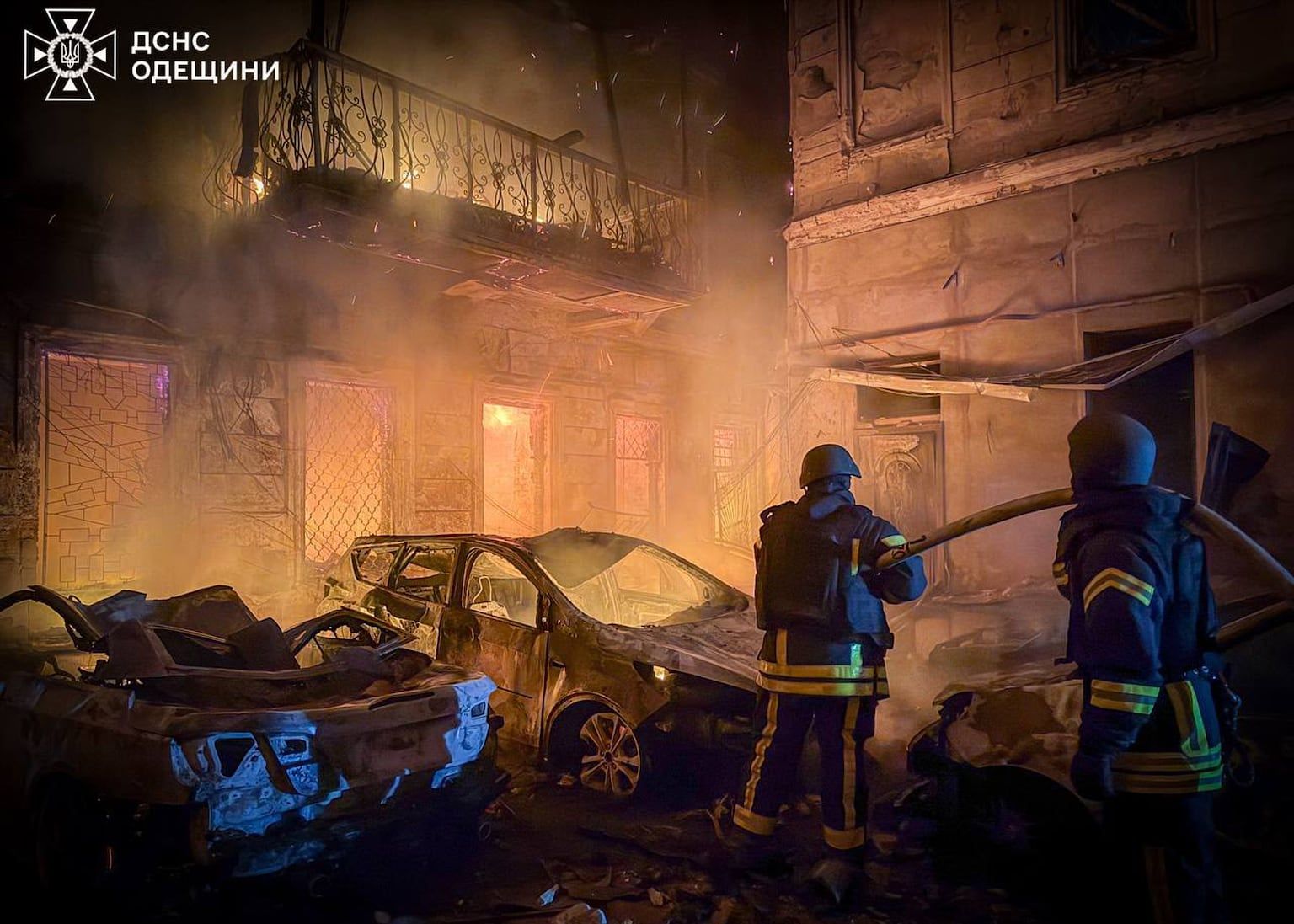 Emergency services work to extinguish a fire in Odesa, Ukraine. - Ukrainian Emergency Service via AP