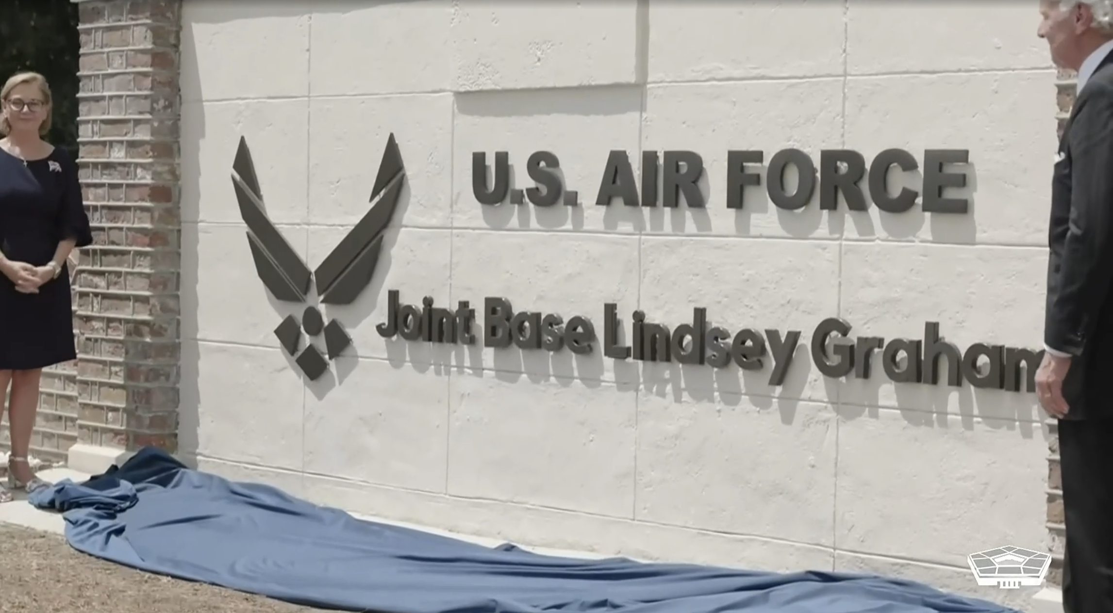 Joint Base Lindsey Graham's new sign was unveiled in a ceremony on Aug. 10, 2026. - Screenshot/DoD