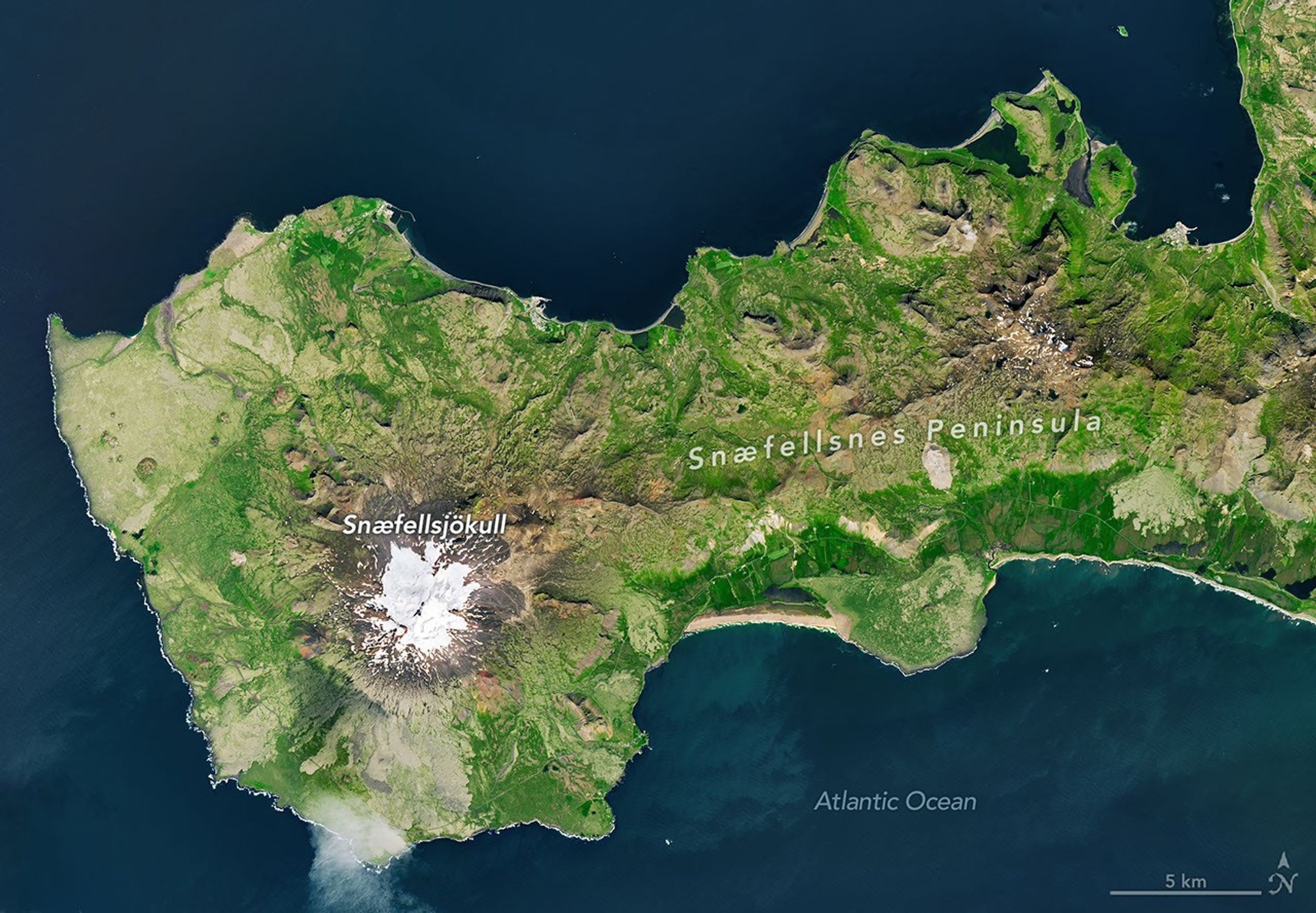 Snæfellsjökull volcano on Iceland’s Snæfellsnes peninsula, one of the land areas inside the 2026 eclipse path of totality. - NASA Earth Observatory