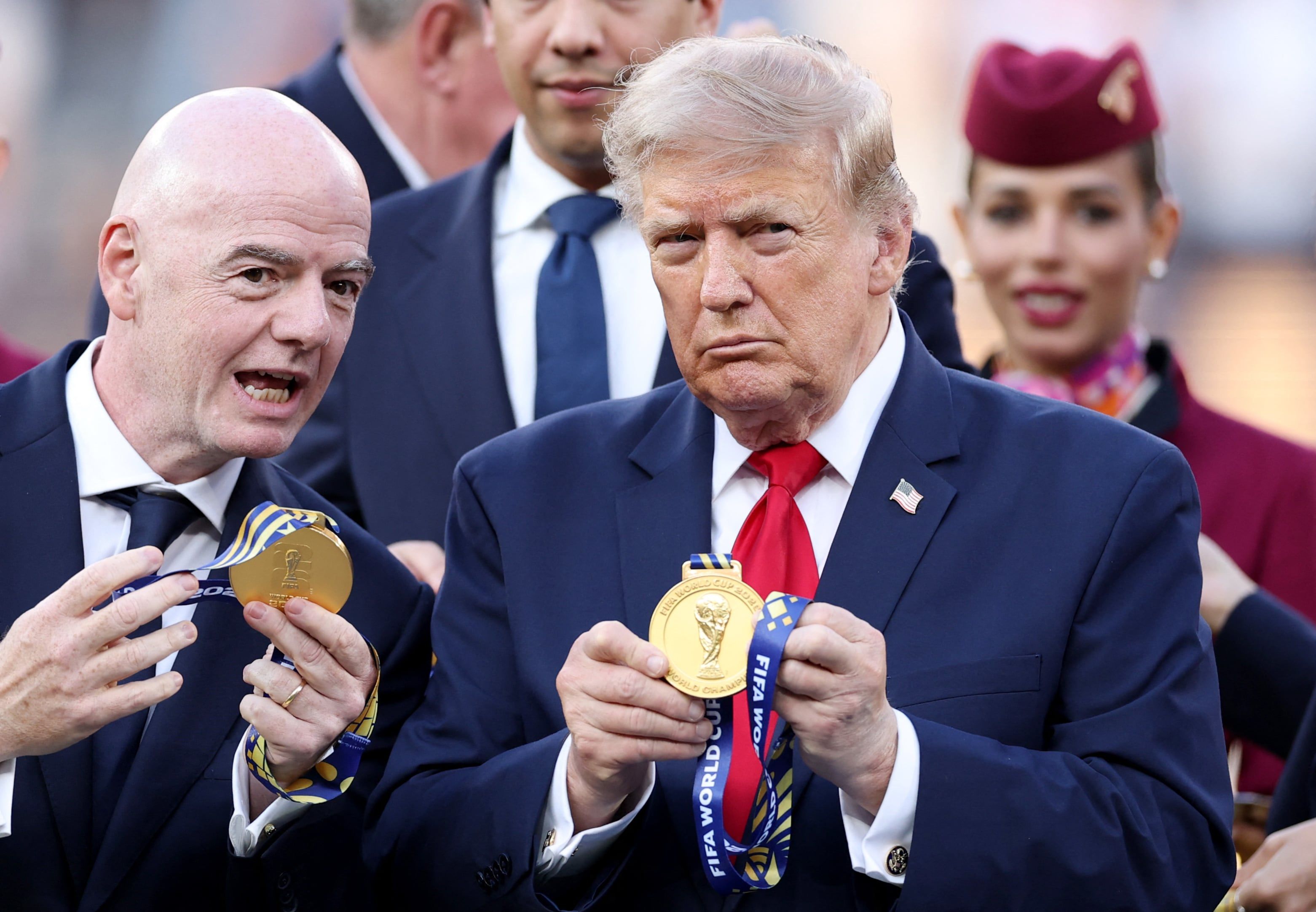 FIFA president Gianni Infantino, left, and US President Donald Trump during the 2026 World Cup final trophy ceremony. - AFP