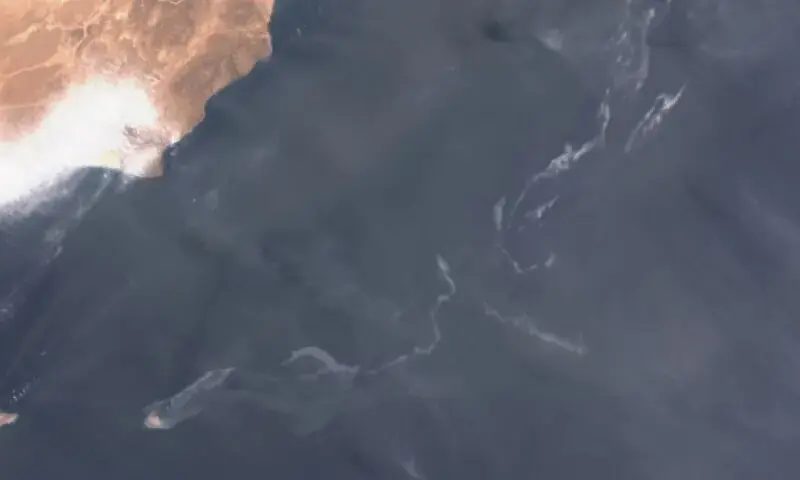 A satellite image shows an oil spill off the coast of Oman, August 11, 2026. - Reuters