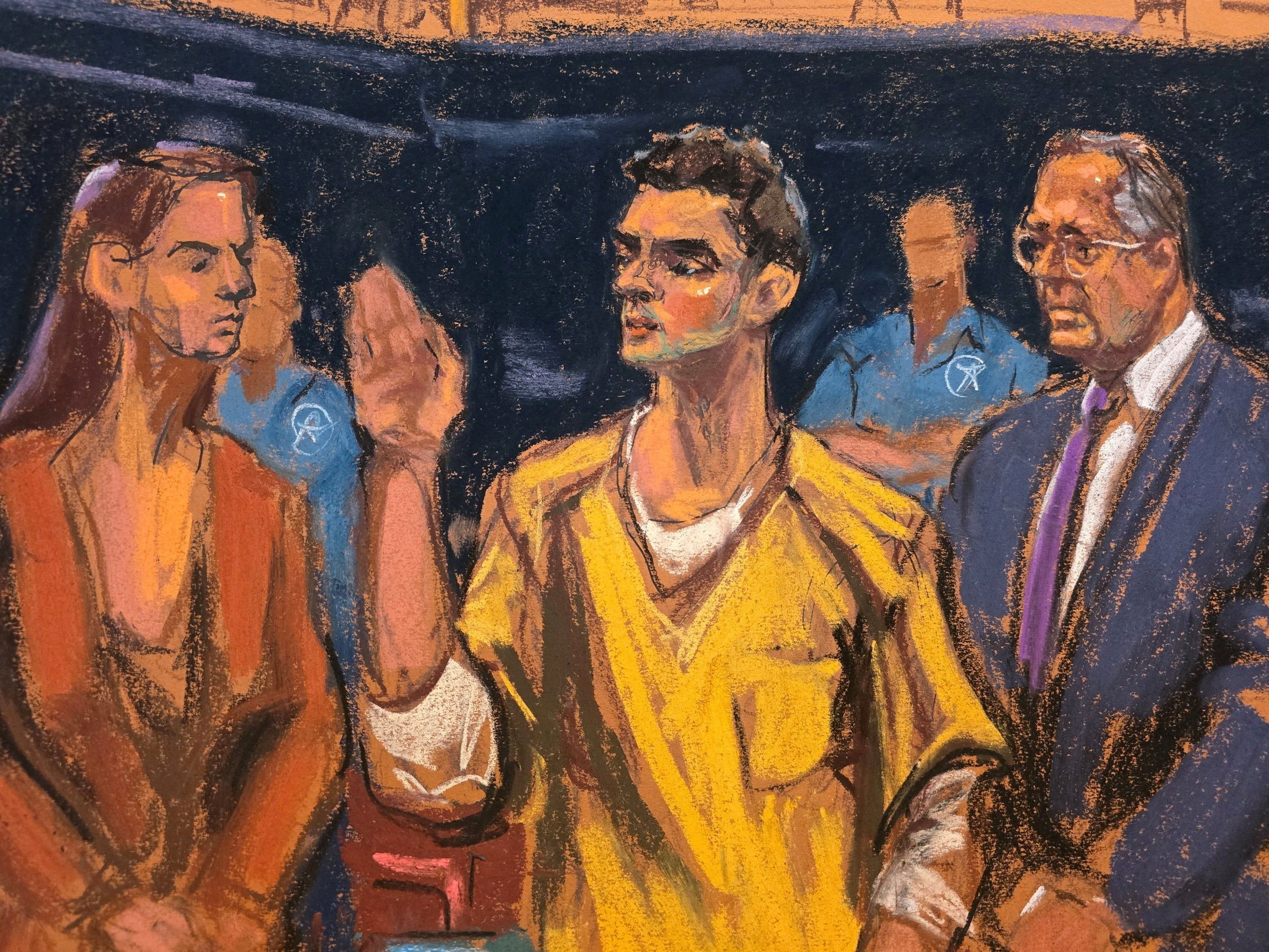 Luigi Mangione stands between defense lawyers Karen Friedman Agnifilo and Marc Agnifilo as he is sworn in for a hearing in his federal murder trial at Manhattan Criminal Court in New York City, U.S., August 14, in this courtroom sketch. - theglobeandmail.com