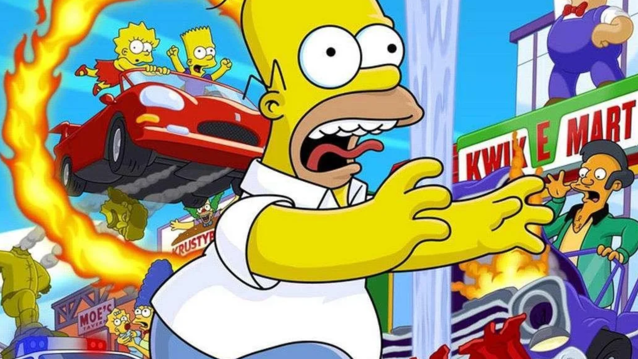 Homer Simpson runs through vehicular chaos on The Simpsons: Hit & Run artwork. - pcgamer.com