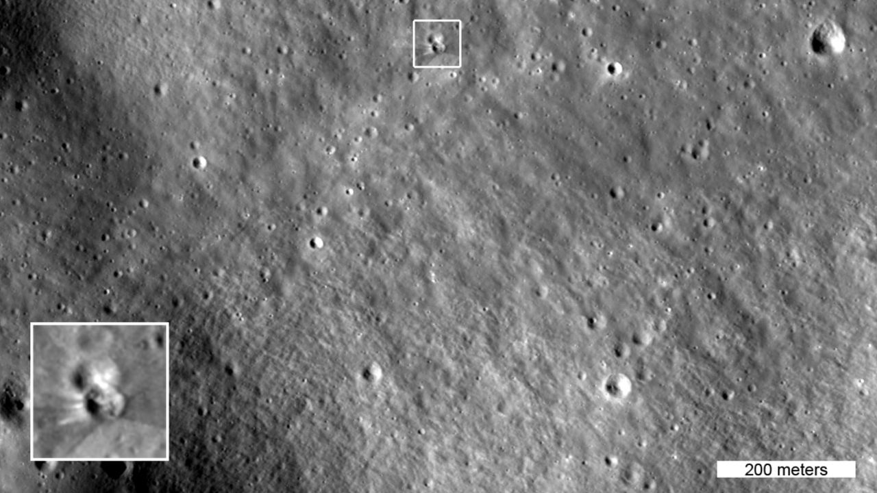 The lower highlighted crater formed on Aug. 5, 2026, when a SpaceX Falcon 9 upper stage impacted the moon; the inset enlarges the new crater. - NASA/Lunar Reconnaissance Orbiter
