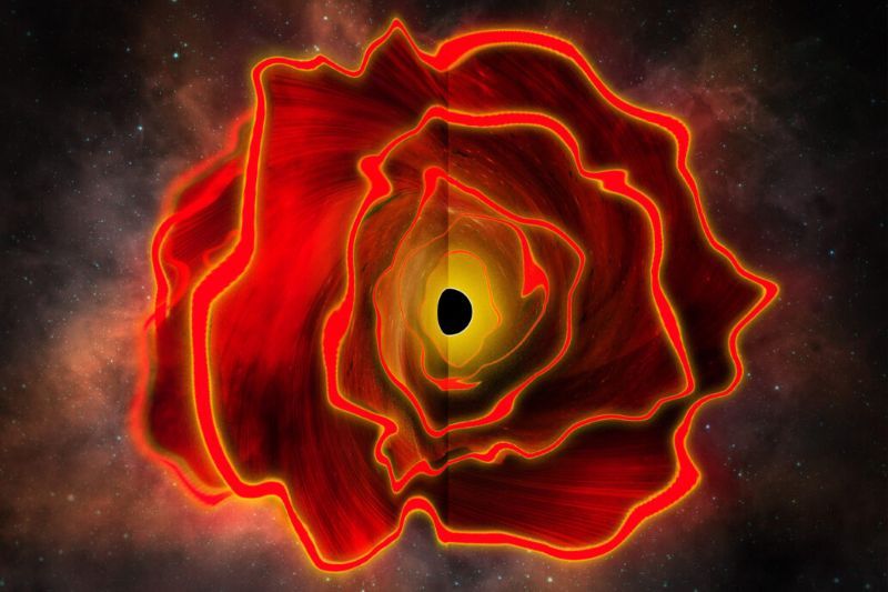Artist’s impression of a proposed black hole star associated with little red dots in the early universe. - Jose-Luis Olivares/MIT