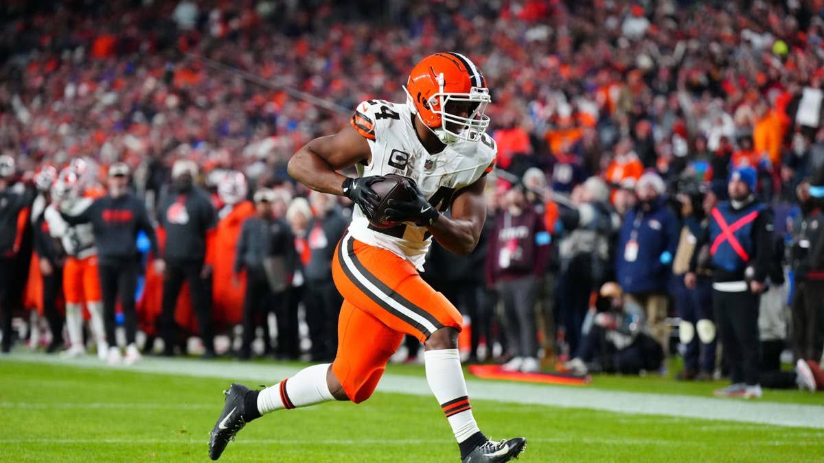 Nick Chubb scores a fourth-quarter touchdown for Cleveland against Denver on Dec. 2, 2024. - Ron Chenoy-Imagn Images
