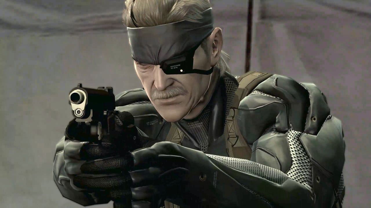 Metal Gear Solid Collection Vol. 2 screenshot showing Solid Snake with grey hair and an eye patch pointing a gun - gamesradar.com