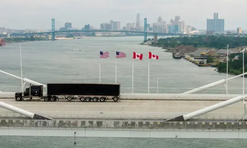A drone view shows a vehicle crossing the $4.7 billion Gordie Howe International Bridge, connecting Windsor, Ontario and Detroit, Michigan, the day after it opened in Windsor, Ontario, Canada, July 28, 2026. - Reuters