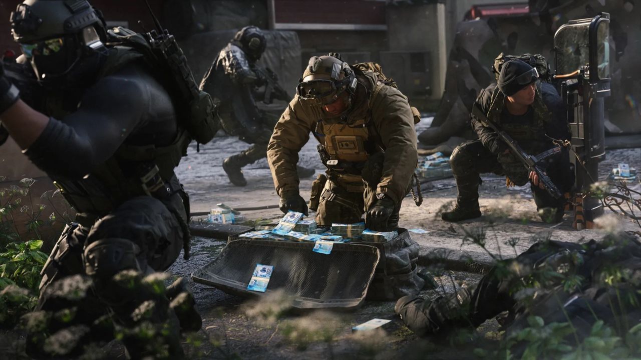 Surrounded by squadmates, a soldier kneels over a bag overflowing with cash. - pcgamer.com