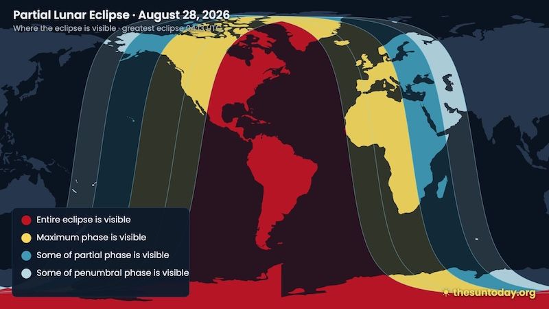 Visibility map for the Aug. 27-28, 2026, partial lunar eclipse. - EarthSky