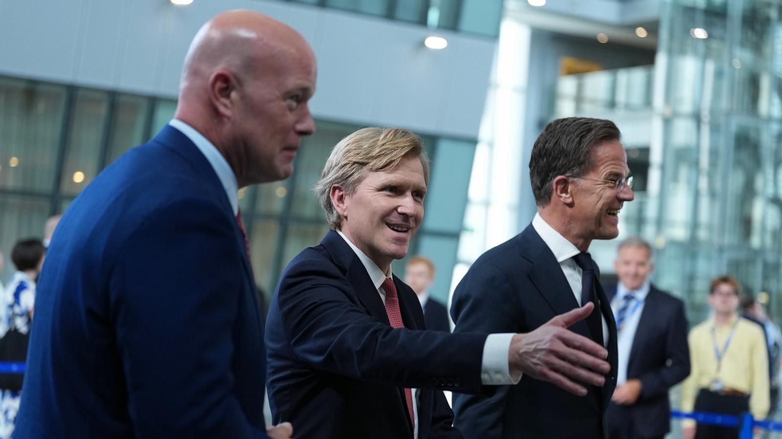 U.S. Ambassador to NATO Matthew Whitaker, U.S. Undersecretary of Defense Elbridge Colby and NATO Secretary General Mark Rutte walk after addressing media at NATO headquarters in Brussels on Aug. 27, 2026. - AP Photo/Virginia Mayo