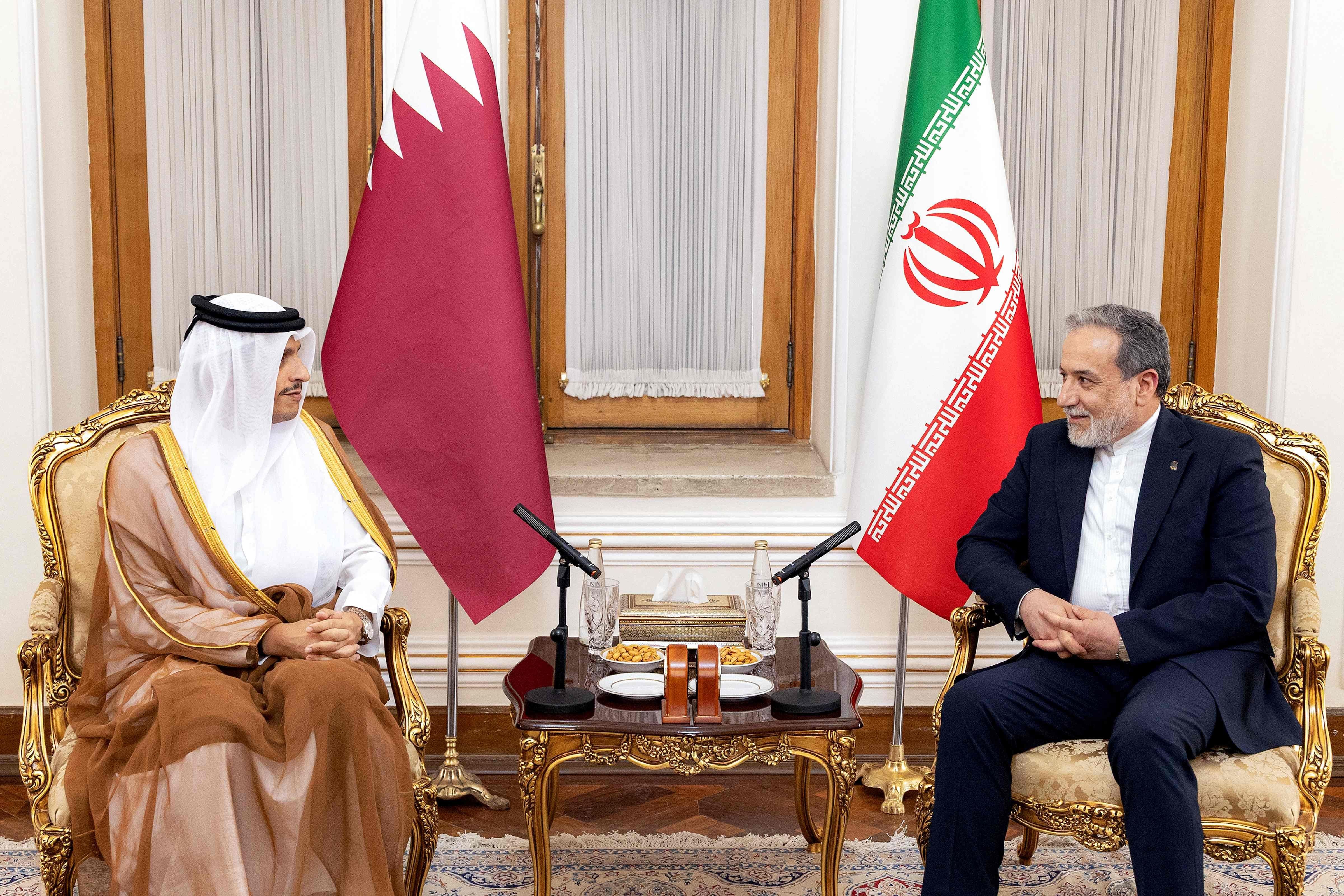 Qatar's Prime Minister Sheikh Mohammed bin Abdulrahman with Iran's Foreign Minister Abbas Araghchi in Tehran. - AFP