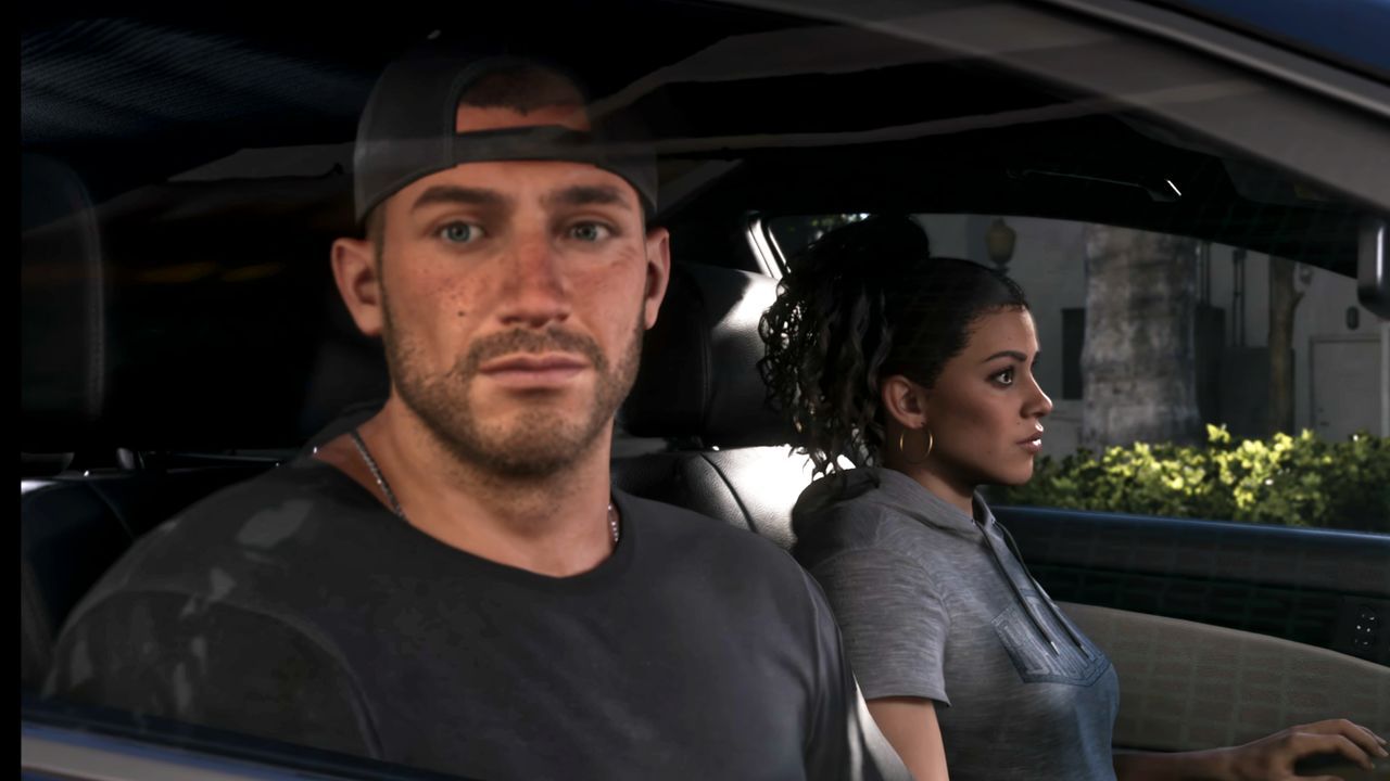 A screenshot from the GTA 6 Extended Look shows Jason sitting beside Lucia in a car. - gamesradar.com