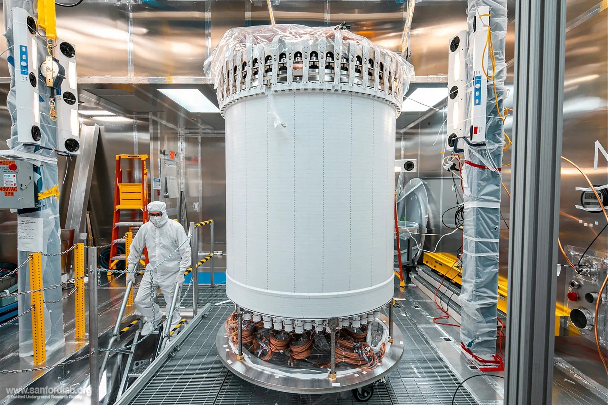 The LUX-ZEPLIN dark matter experiment main detector in a surface lab before installation underground at the Sanford Underground Research Facility in Lead, South Dakota. - Matthew Kapust/Sanford Underground Research Facility/Handout via Reuters
