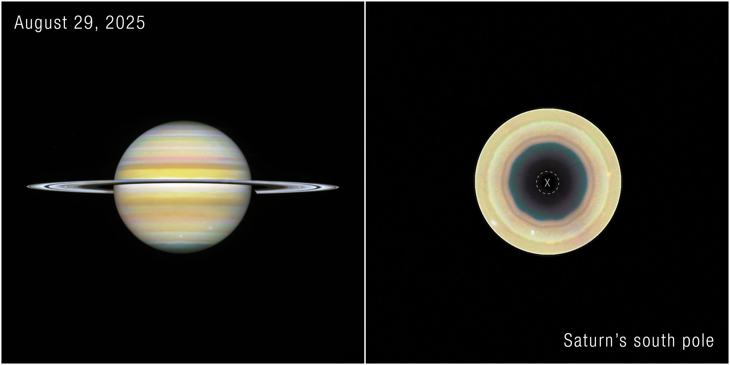 Hubble images show Saturn’s south polar region and its newly identified 10-sided atmospheric wave. - NASA, ESA, STScI, Agustín Sánchez-Lavega, Amy Simon, Michael Wong; image processing by Alyssa Pagan