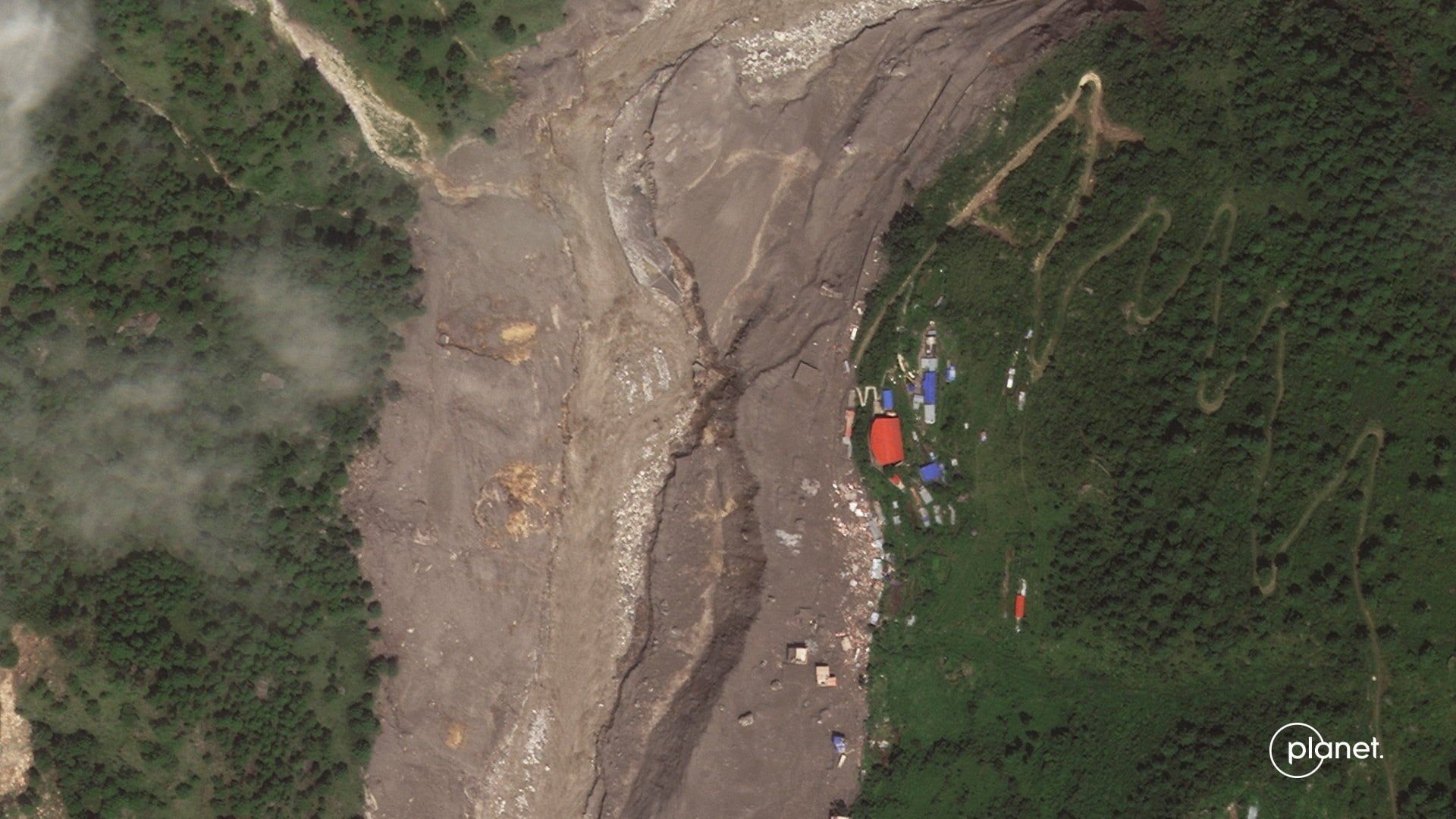 Satellite image showing Timure in Nepal after flash floods and a mudslide on August 27, 2026. - 2026 Planet Labs PBC