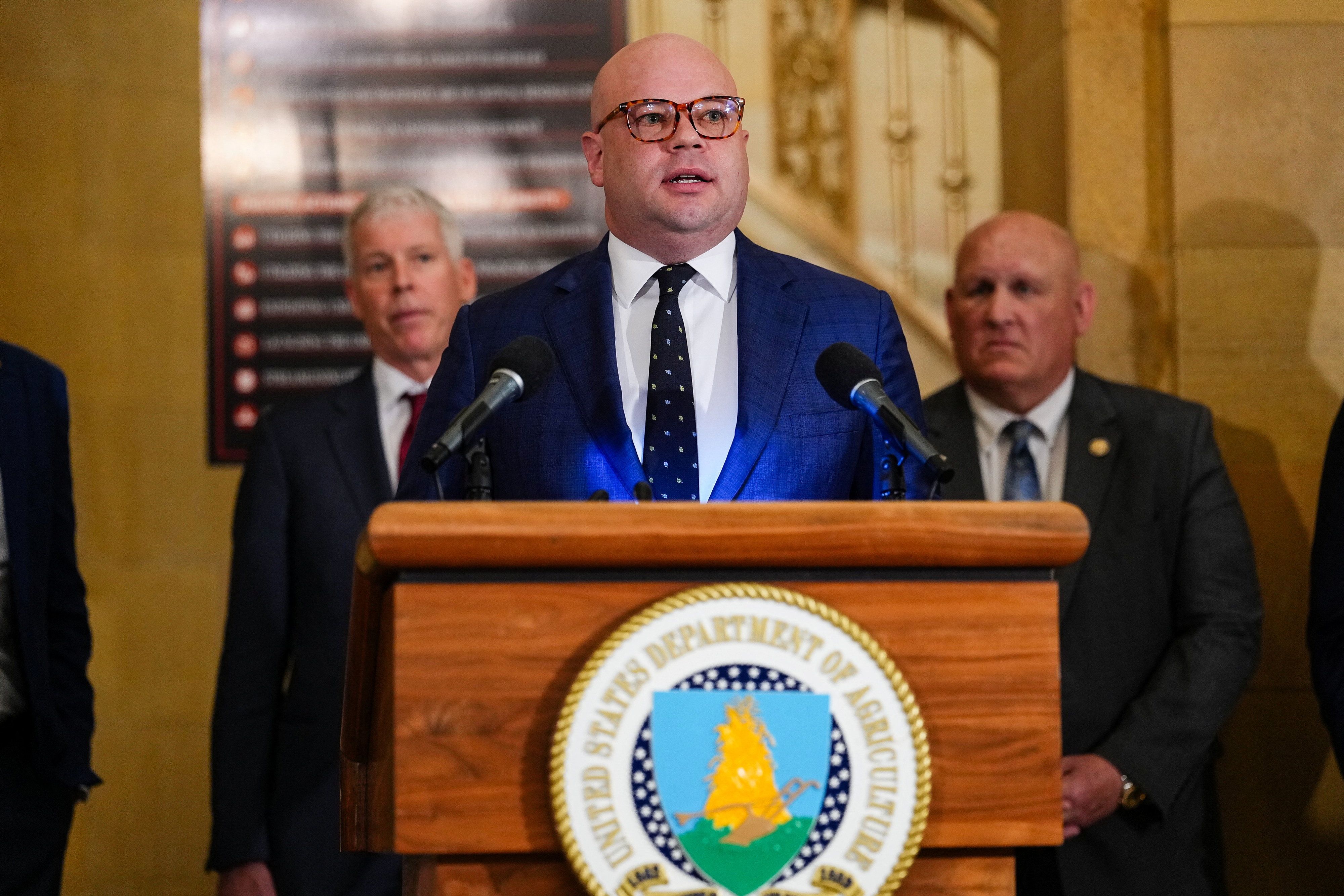 Adam Telle, U.S. assistant secretary of the Army for civil works, speaks during a press conference discussing fertilizer policy at USDA Headquarters in Washington, D.C., on May 19, 2026. - Eric Lee/Reuters