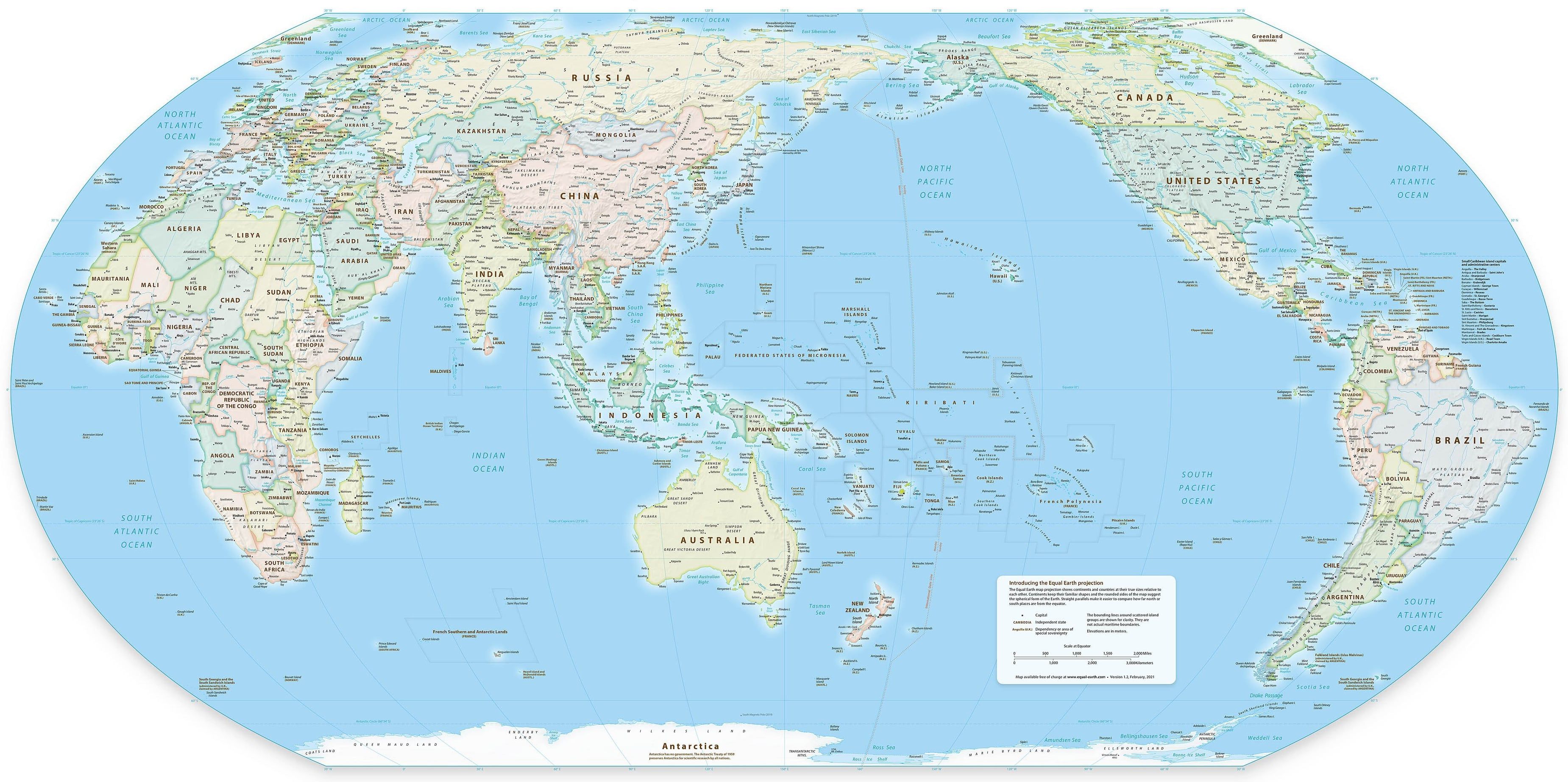 A political wall map using the Equal Earth projection centered at 150° East. - Equal Earth