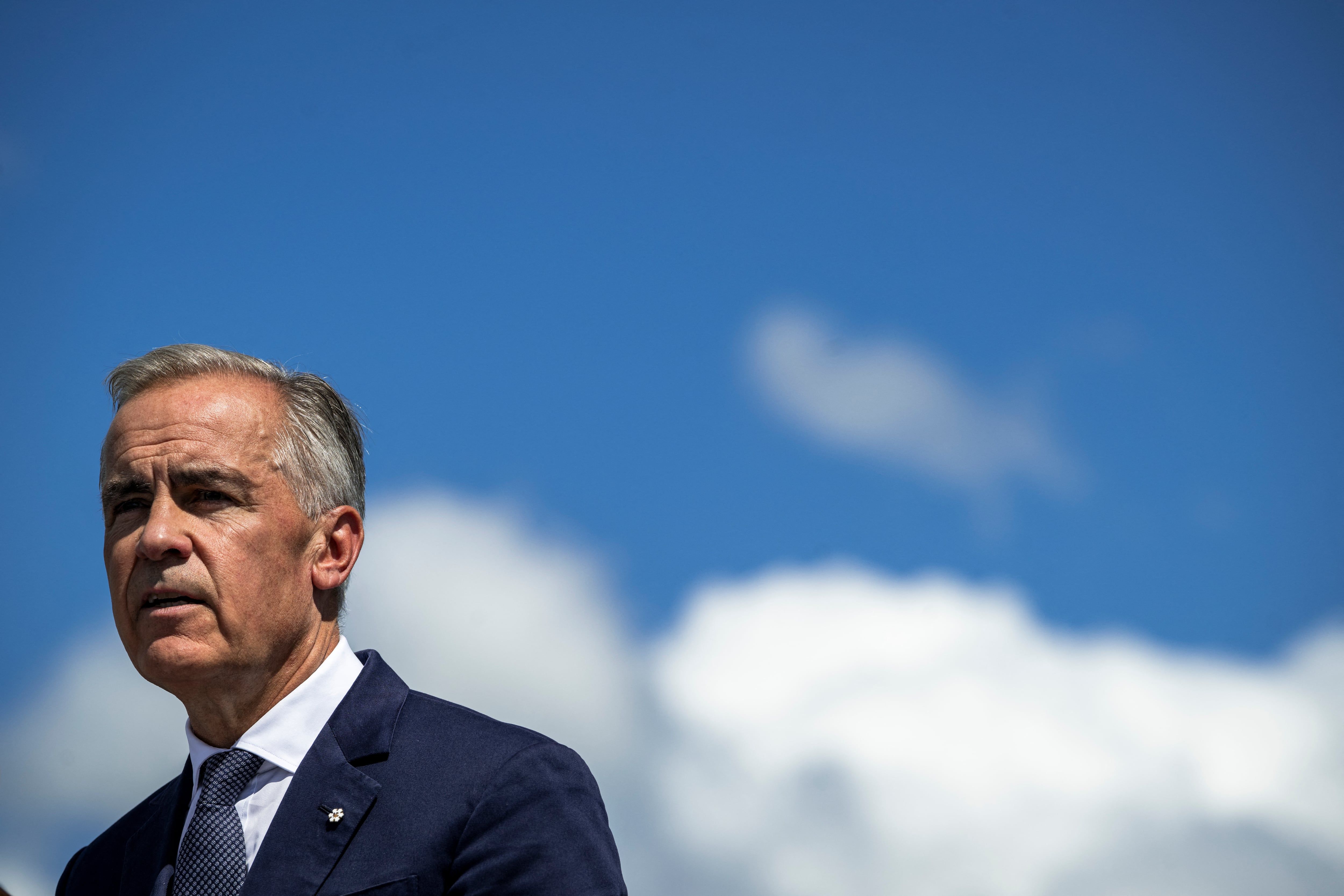 Canadian Prime Minister Mark Carney speaks about the trade dispute with the United States at the Davie Shipyard in Levis, Quebec, Canada on August 24, 2026. - Andrej Ivanov/AFP via Getty Images