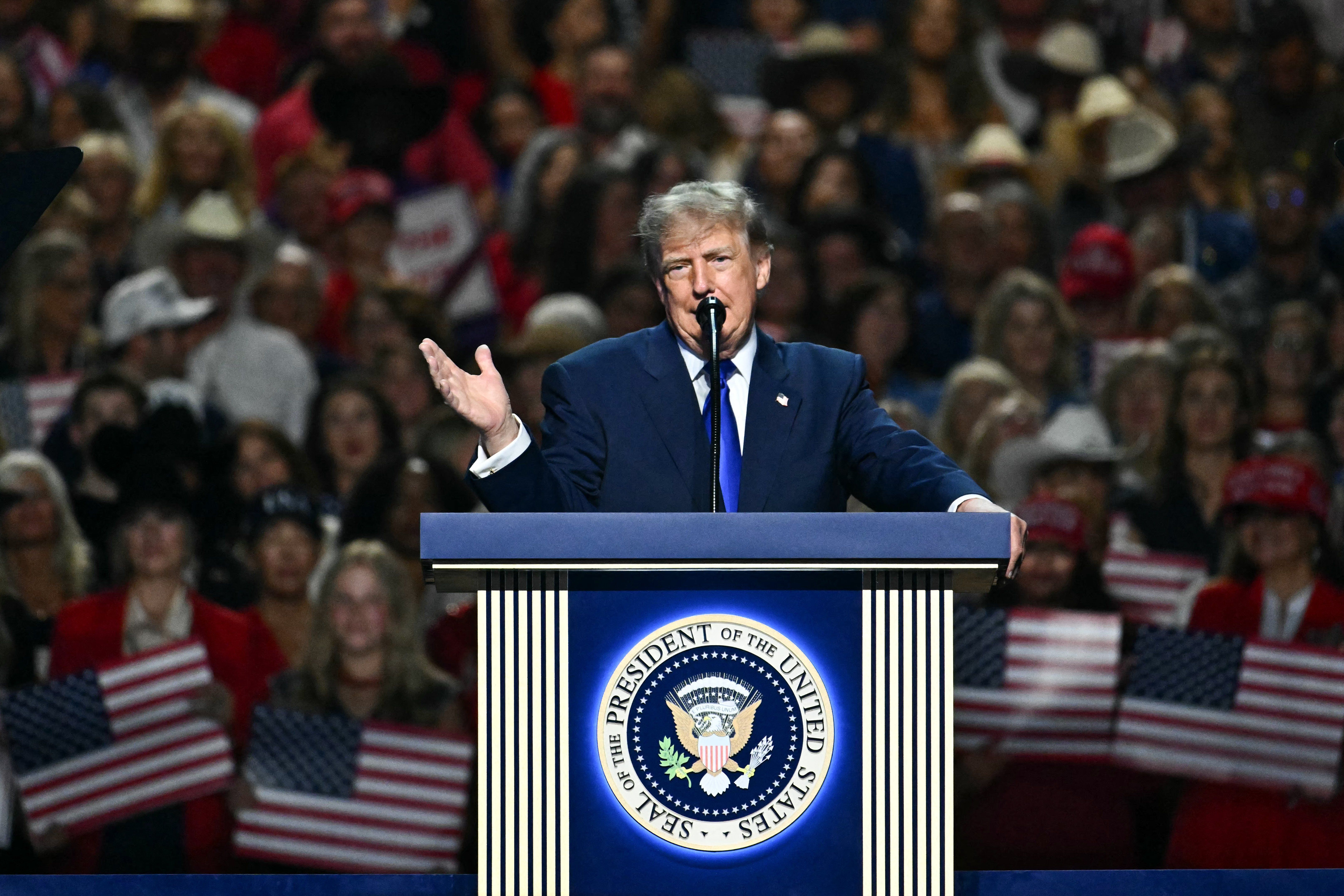 US President Donald Trump speaks during the Republican National Midterm Convention at the American Airlines Center in Dallas, Texas on September 9, 2026. - Getty Images