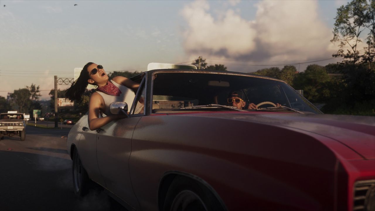 Lucia celebrates as Jason drives a stolen car in a scene from the GTA 6 extended look. - gamesradar.com
