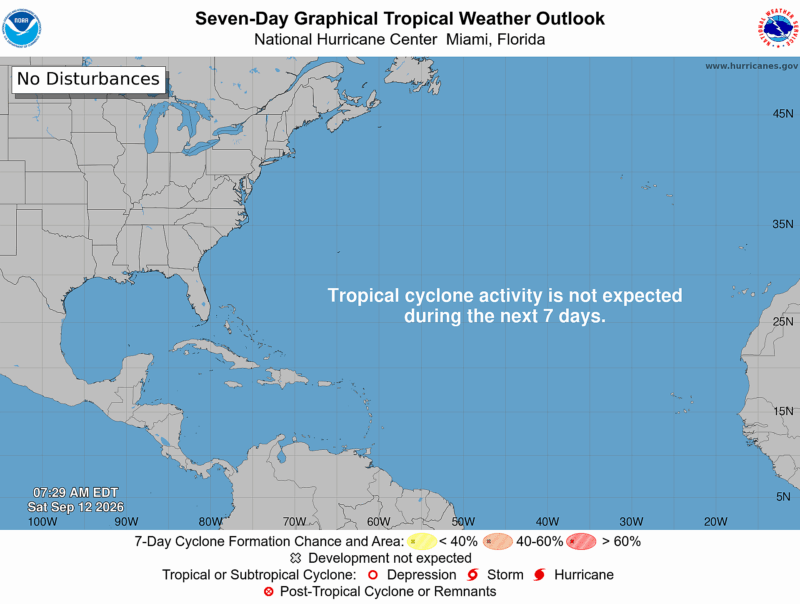 National Hurricane Center graphic showing the record-quiet 2026 Atlantic hurricane season. - NOAA/National Hurricane Center via EarthSky