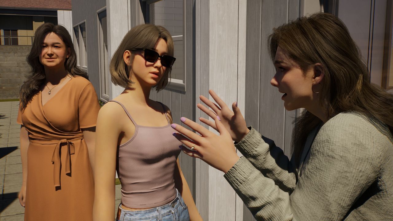 Three Inzoi characters talk outside a house. - pcgamer.com