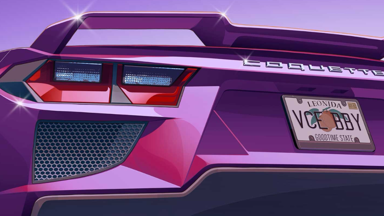 The Leonida license plate “VCE BBY” appears on the back of a pink Corvette in GTA 6 artwork. - gamesradar.com