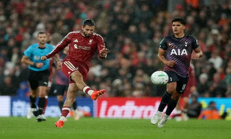Dominik Szoboszlai shoots for Liverpool against Tottenham in the League Cup third round at Anfield on September 15, 2026. - Reuters