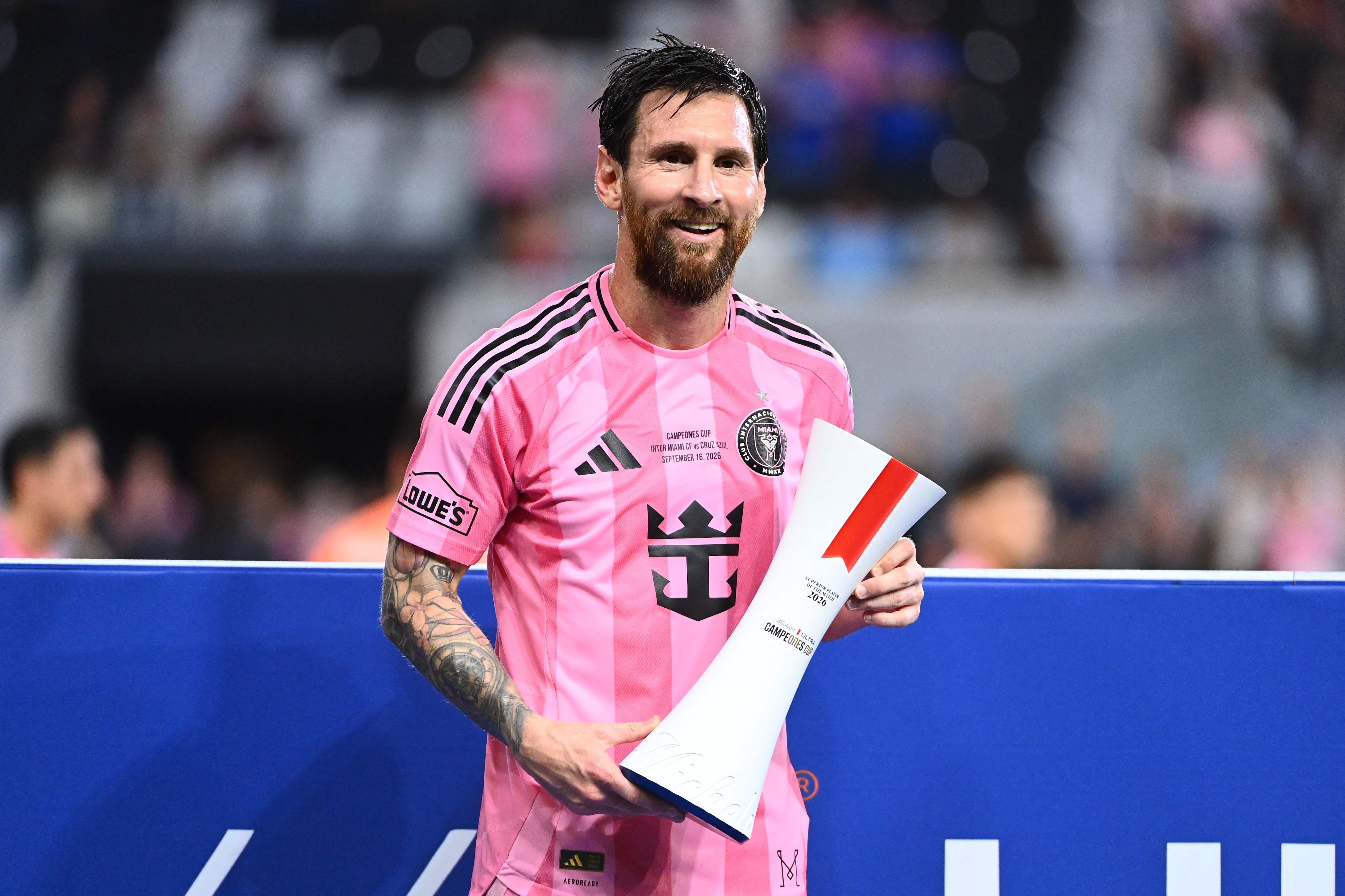 Lionel Messi celebrates with the Player of the Match award after Inter Miami’s Campeones Cup final win over Cruz Azul at Nu Stadium. - AFP
