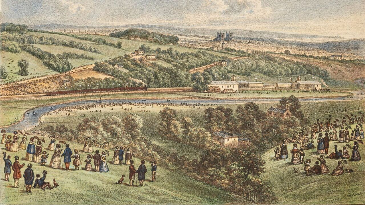 Exeter in 1844–1850, shown in a painting of the Bristol and Exeter Railway from Exwick Hill. - space.com